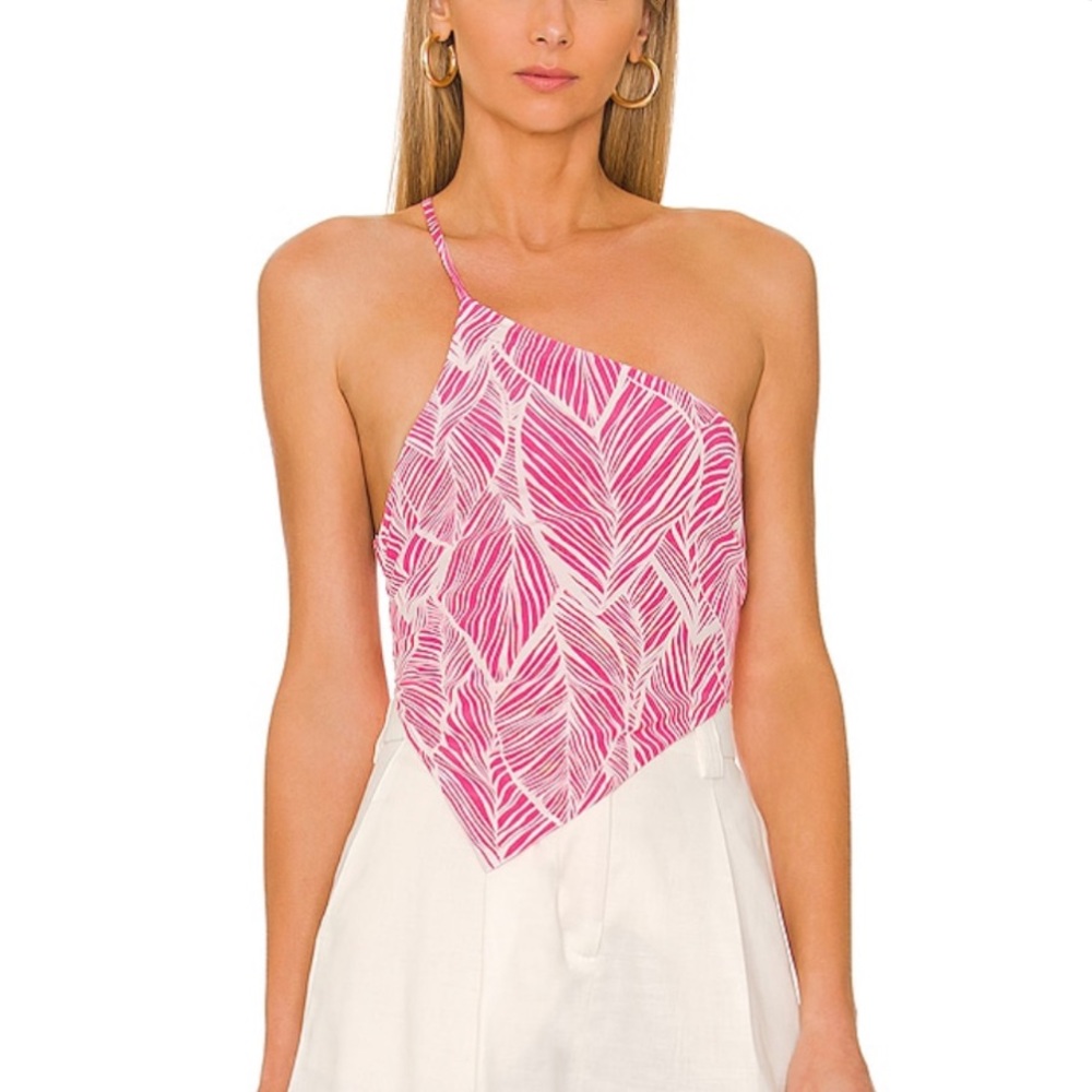 Lovers + Friends Pink Leaf-Print Asymmetrical Halter Top
